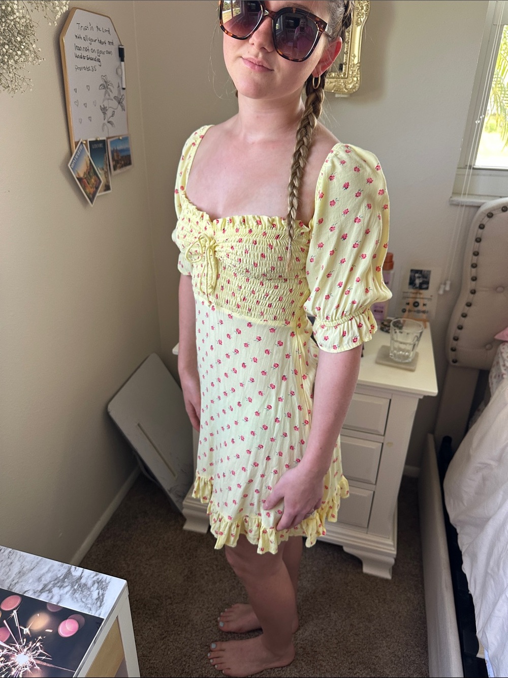 Faithfull the Brand Lemon Yellow Red Floral Smocked Mini Dress - Picture 5 of 6